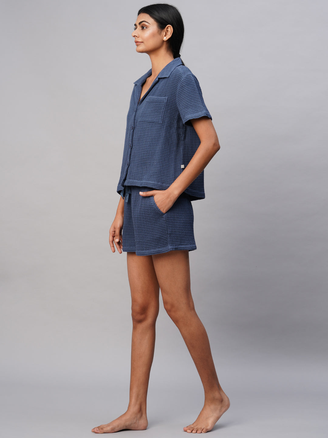 Waffle Knit Notched Collar Shirt & Shorts Set