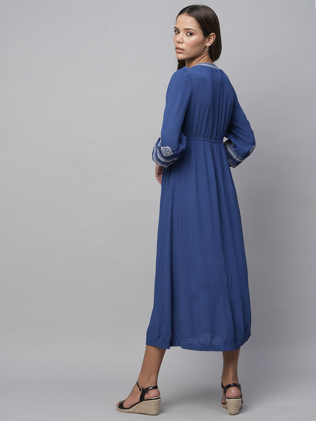 Crinkle Rayon Embroidered Synched Basque Dress