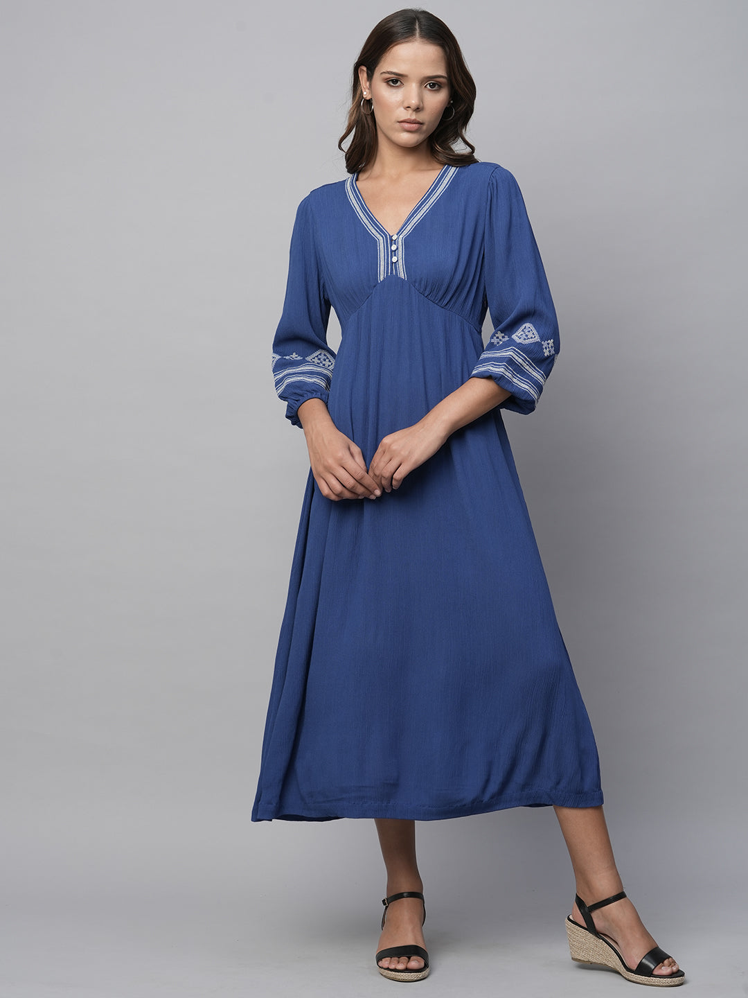 Crinkle Rayon Embroidered Synched Basque Dress