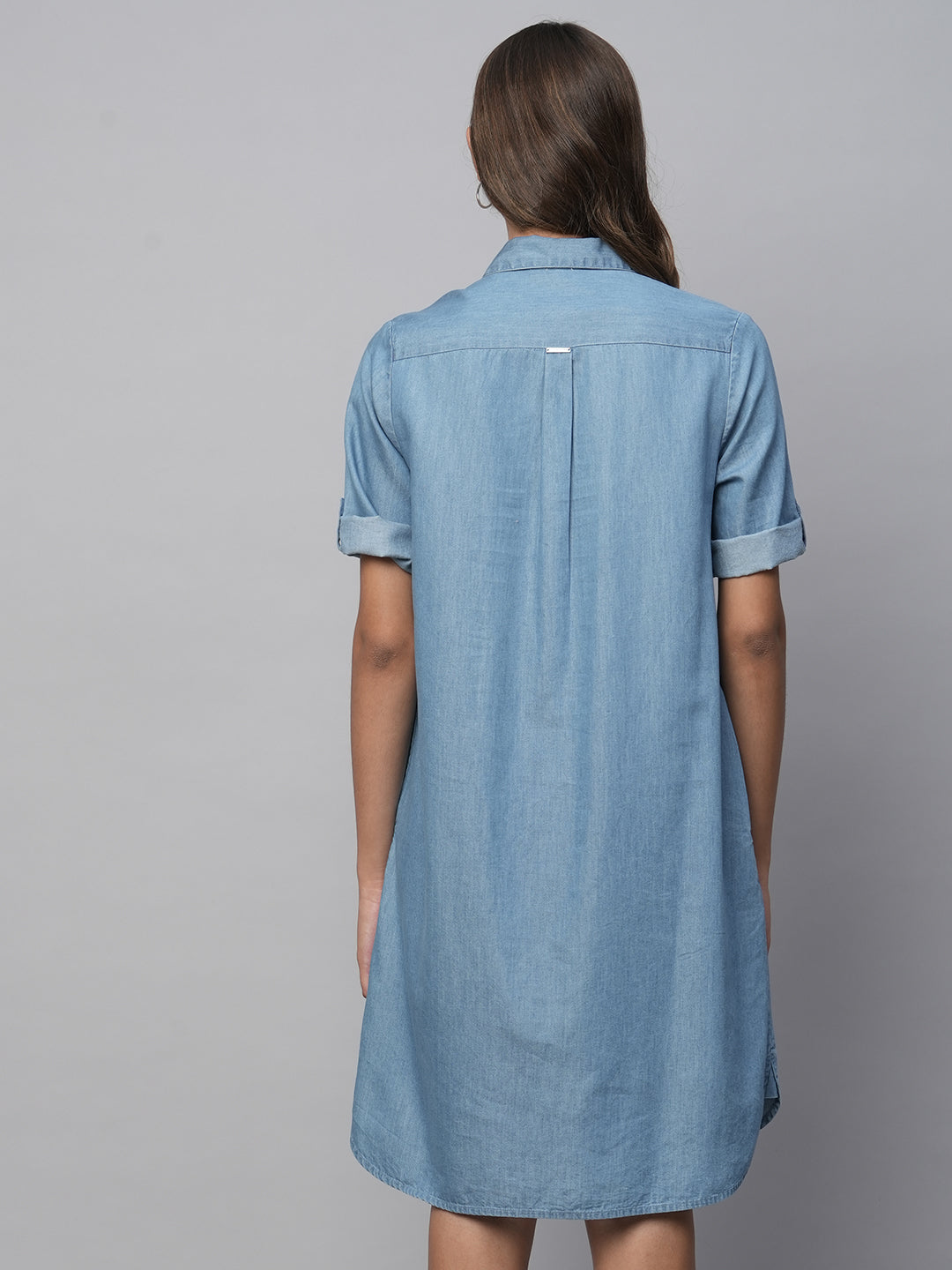 Pleated Yoke Cotton Tencel Denim Pop Over Shirt Dress