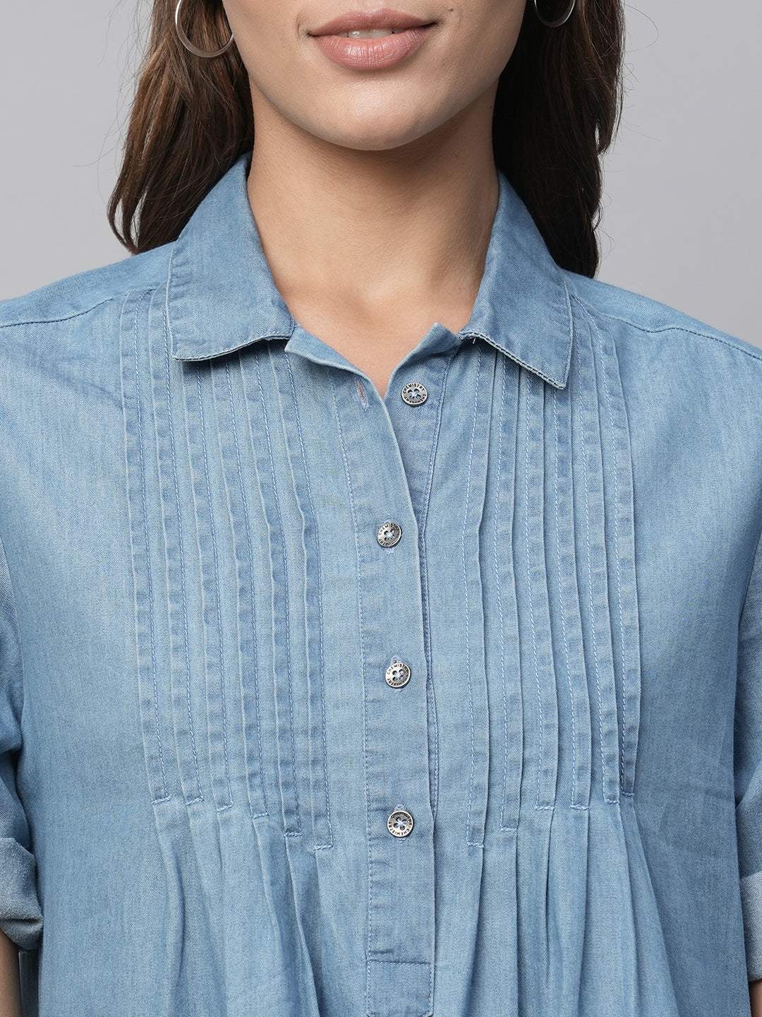 Pleated Yoke Cotton Tencel Denim Pop Over Shirt Dress