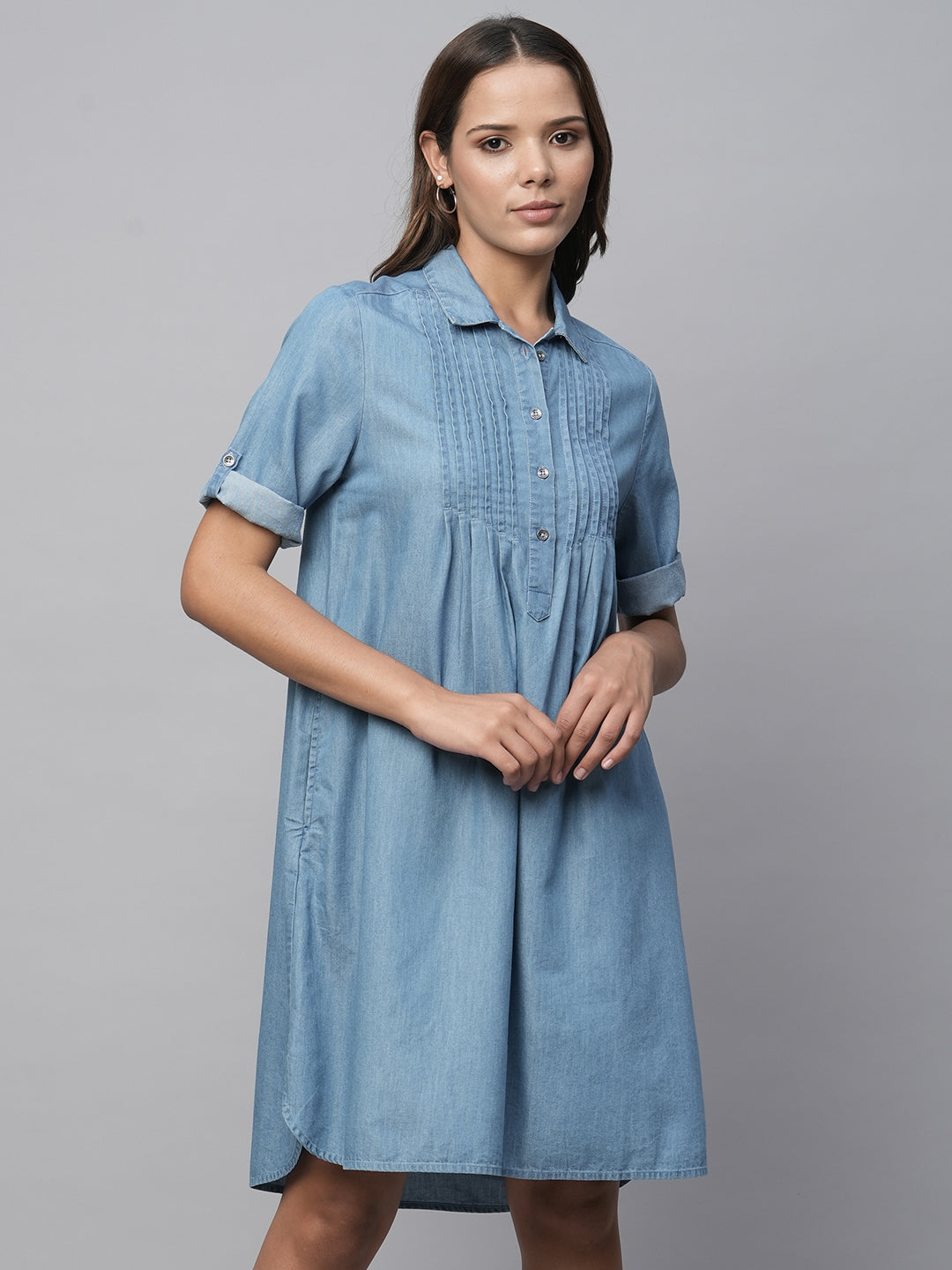 Pleated Yoke Cotton Tencel Denim Pop Over Shirt Dress