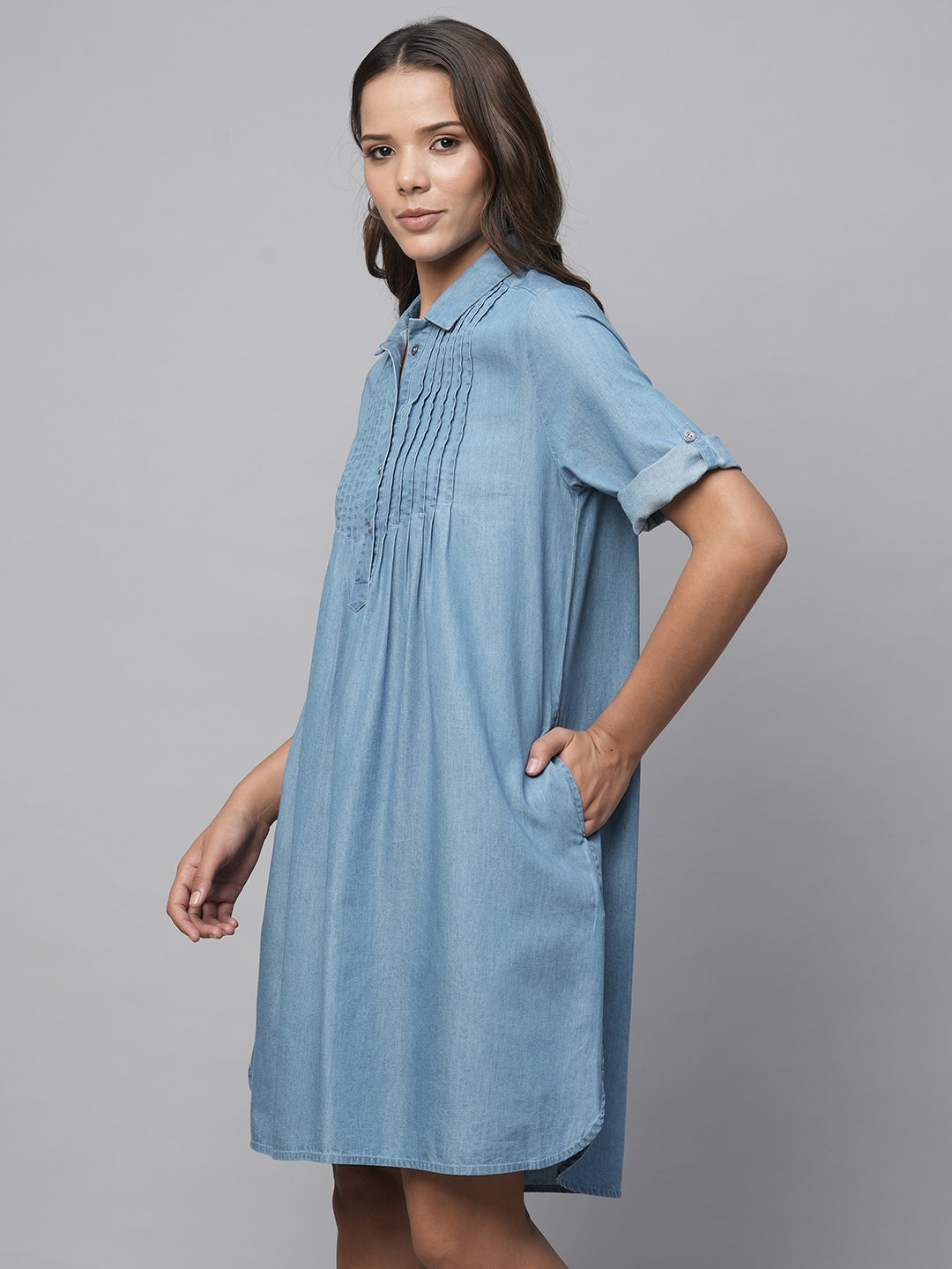 Pleated Yoke Cotton Tencel Denim Pop Over Shirt Dress