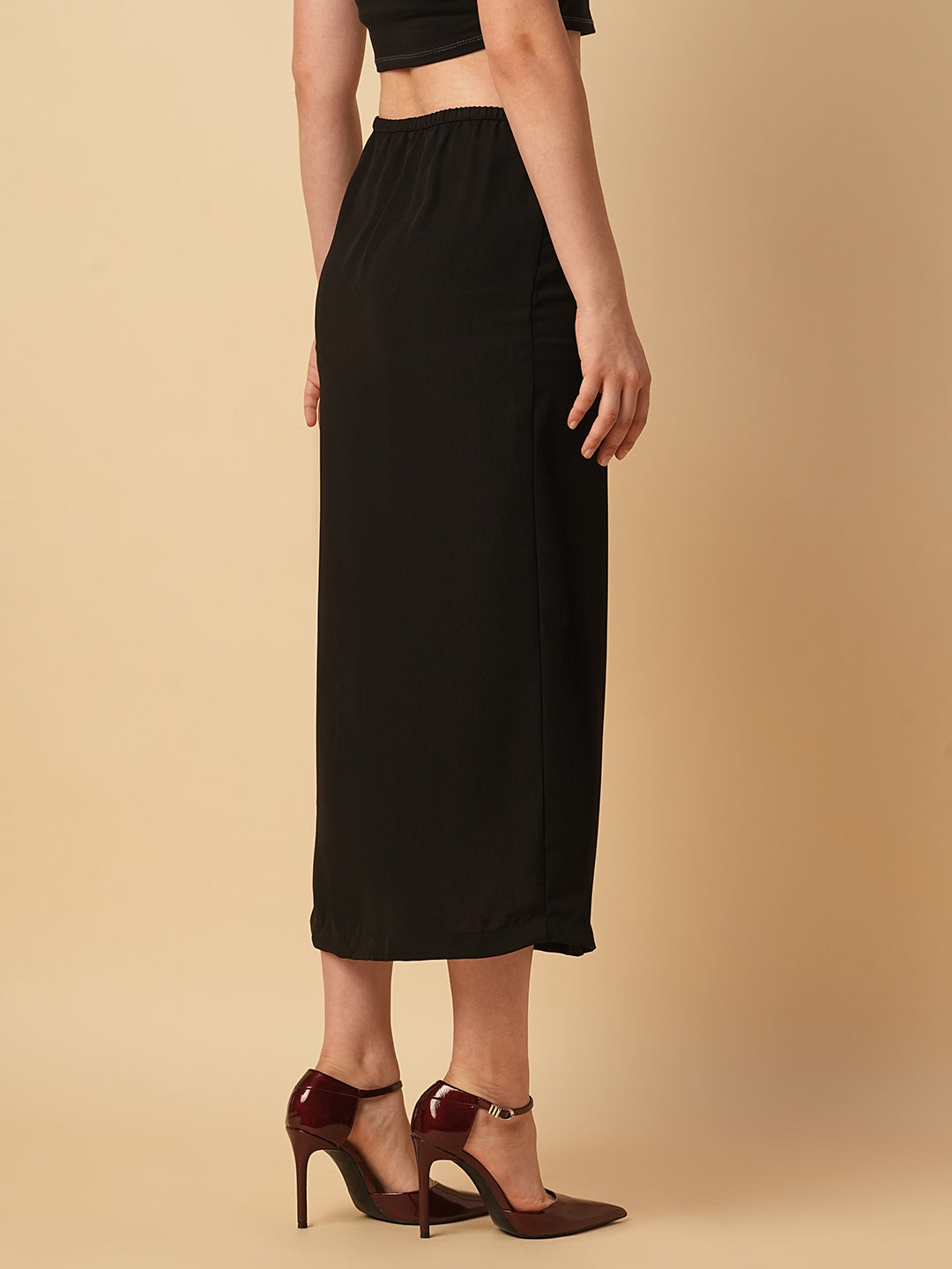 SATIN TWILL PULL ON SKIRT W/ SIDE SLIT