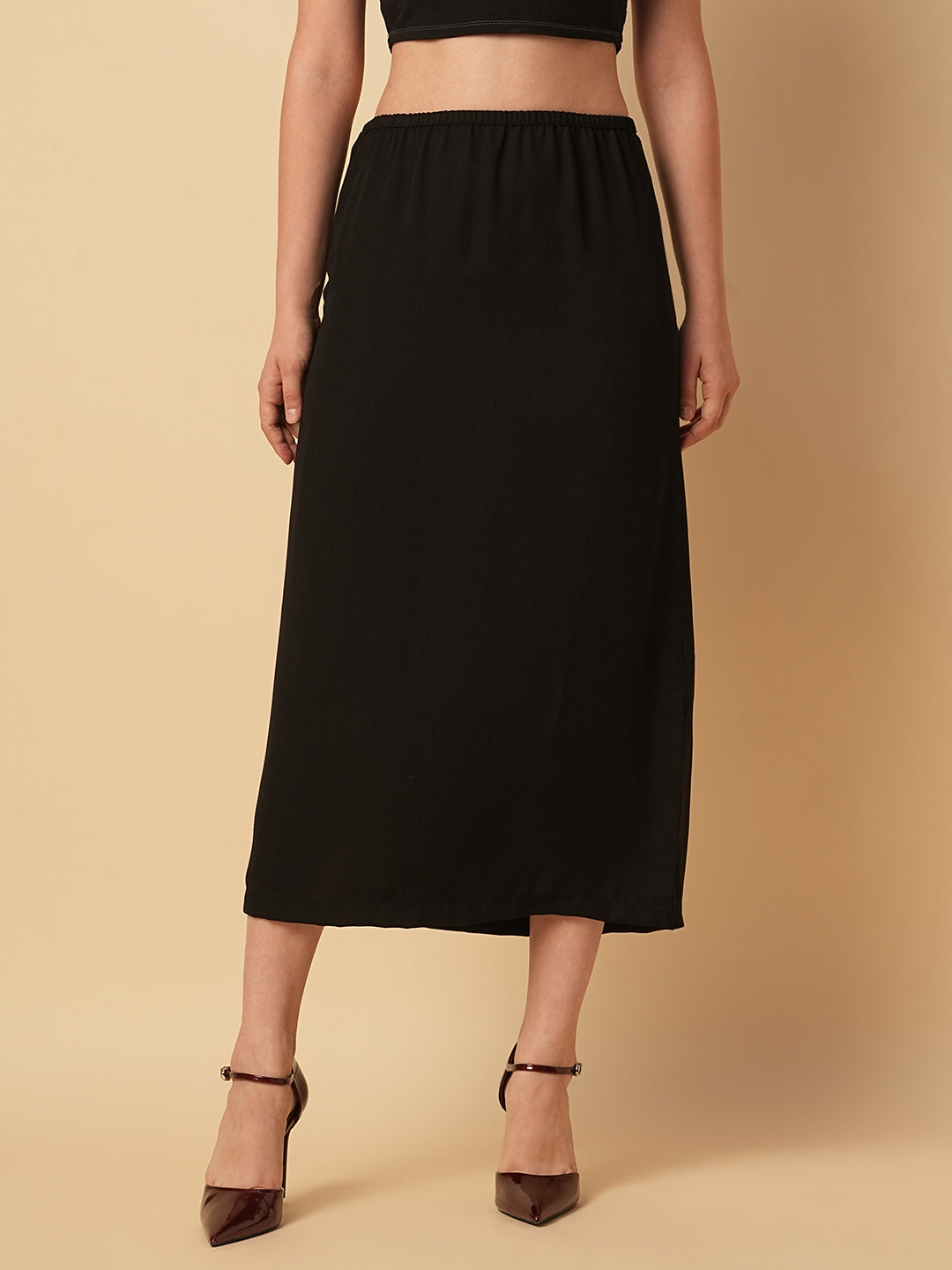 SATIN TWILL PULL ON SKIRT W/ SIDE SLIT