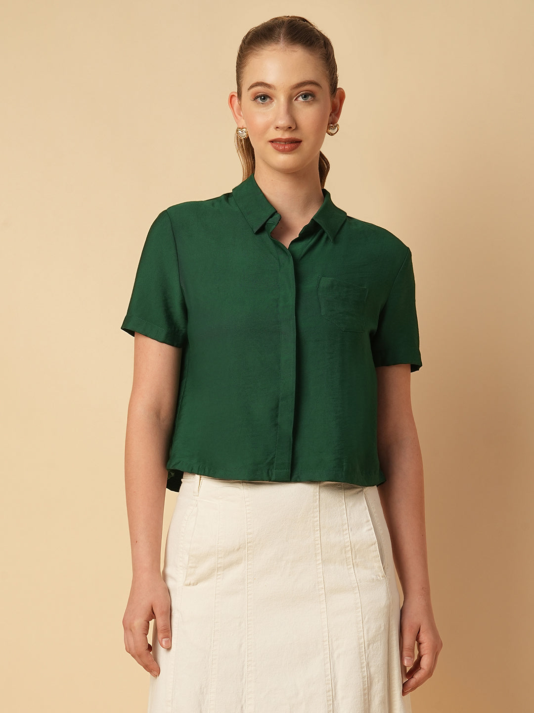 VISCOSE TWILL BOXY CROPPED SHIRT