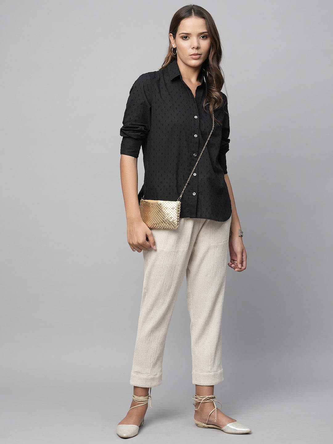 Cotton Swiss Dot Dobby Essential Black Shirt