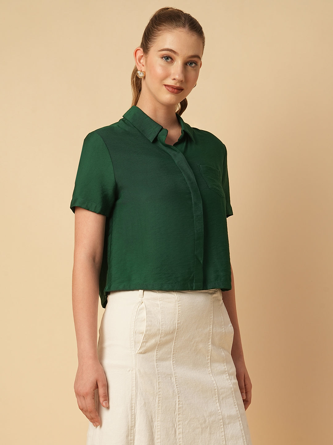 VISCOSE TWILL BOXY CROPPED SHIRT