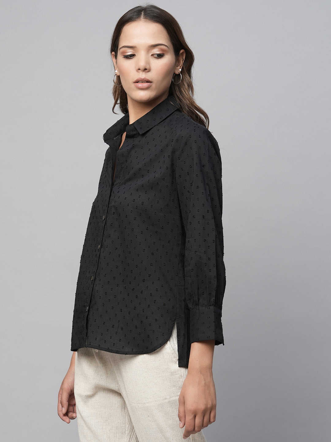 Cotton Swiss Dot Dobby Essential Black Shirt