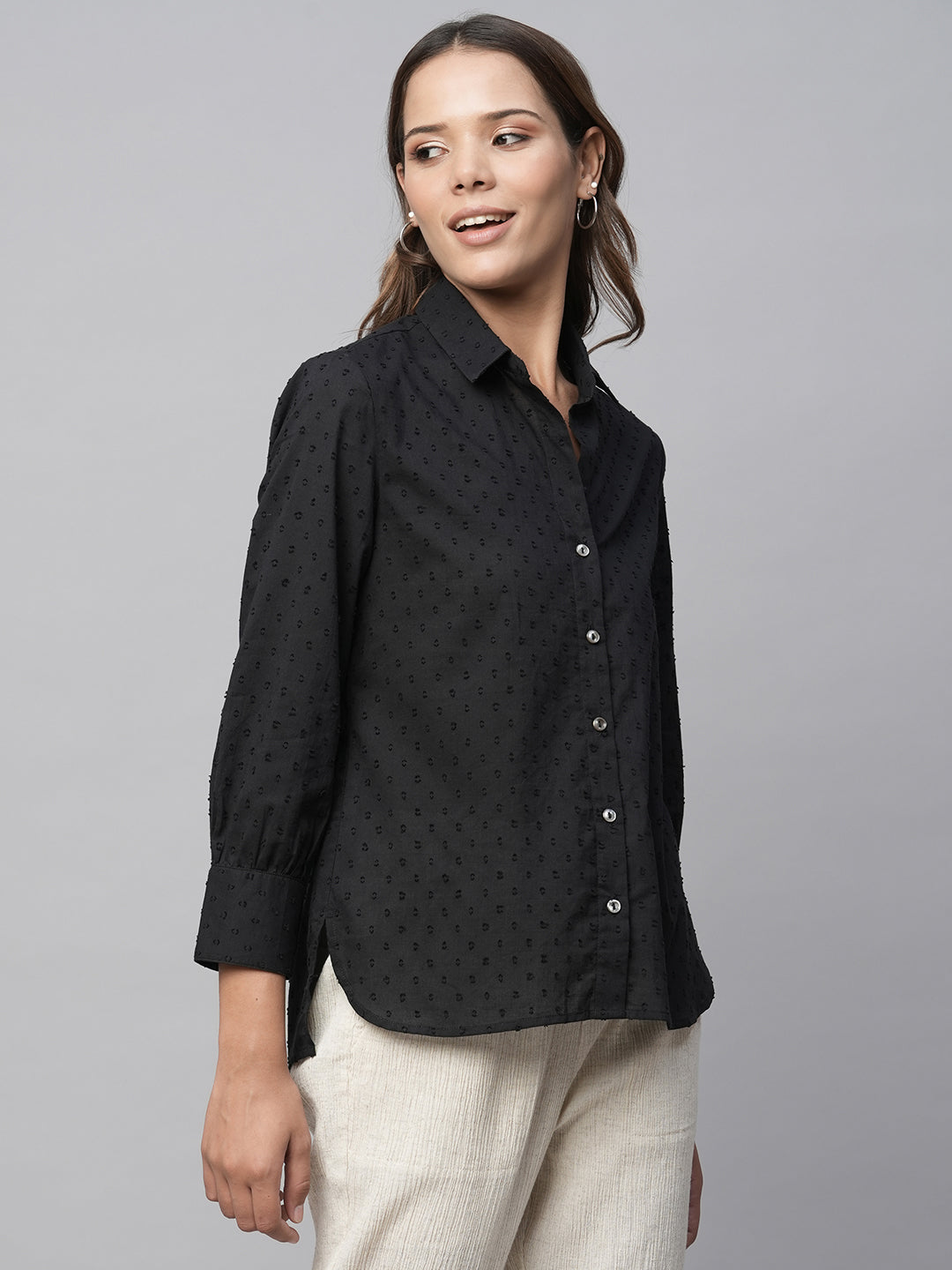 Cotton Swiss Dot Dobby Essential Black Shirt