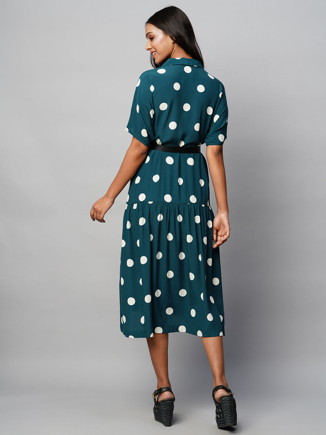 Drop Shoulder Tiered Shirt Dress W/ Faux Leather Belt