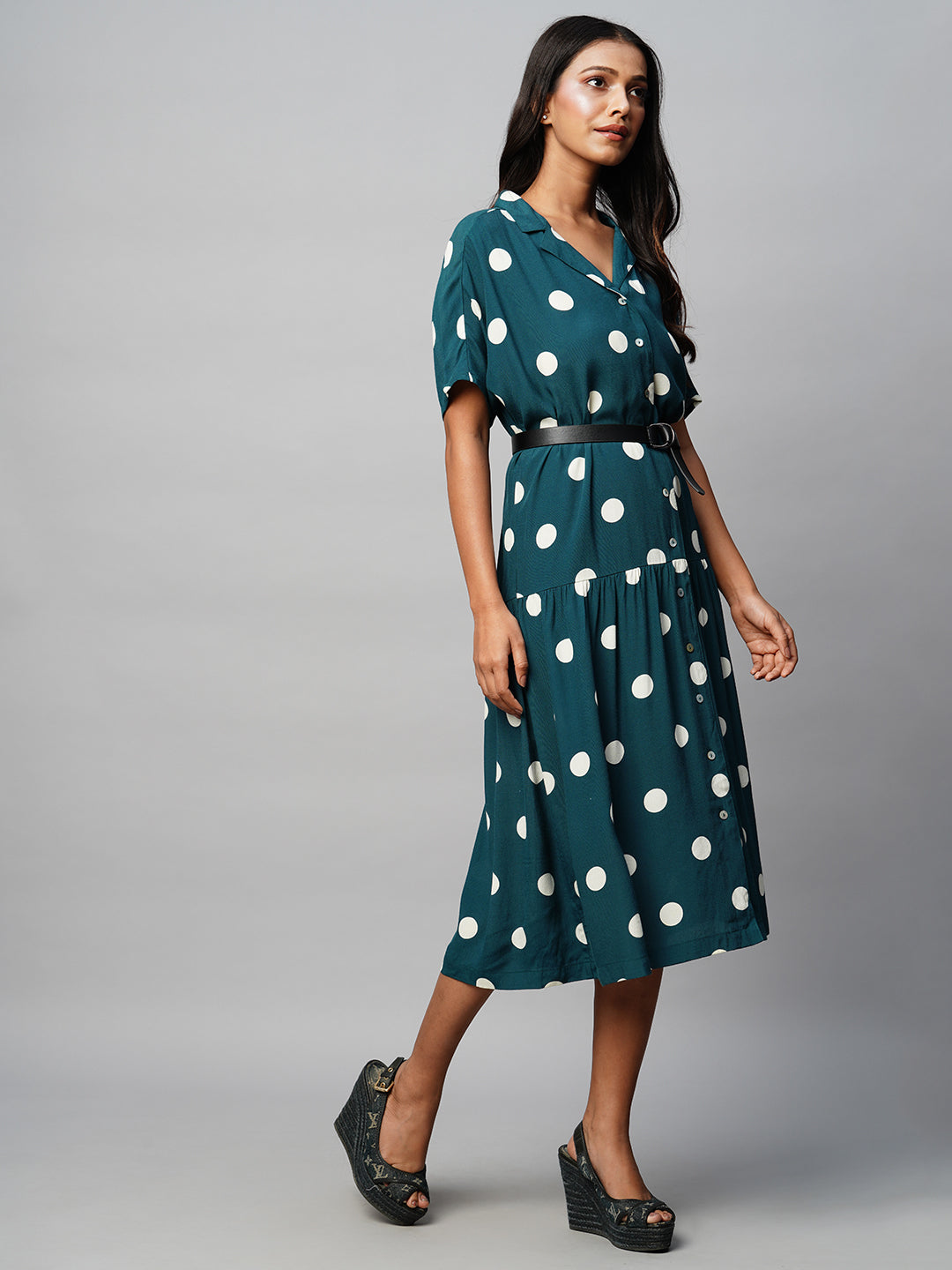 Drop Shoulder Tiered Shirt Dress W/ Faux Leather Belt