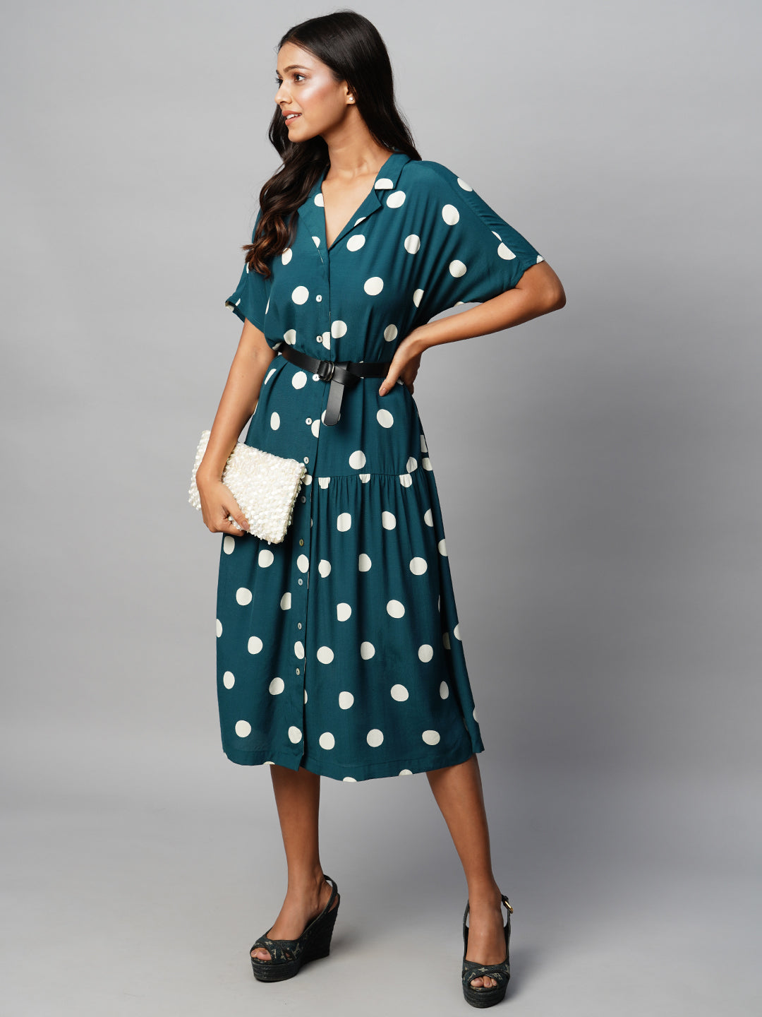 Drop Shoulder Tiered Shirt Dress W/ Faux Leather Belt