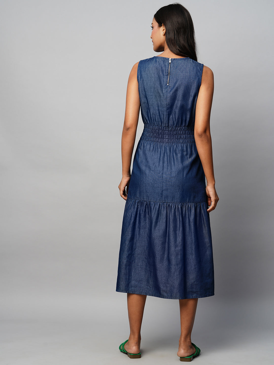 Cotton Tencel Denim Tiered Dress With Front Tie Up
