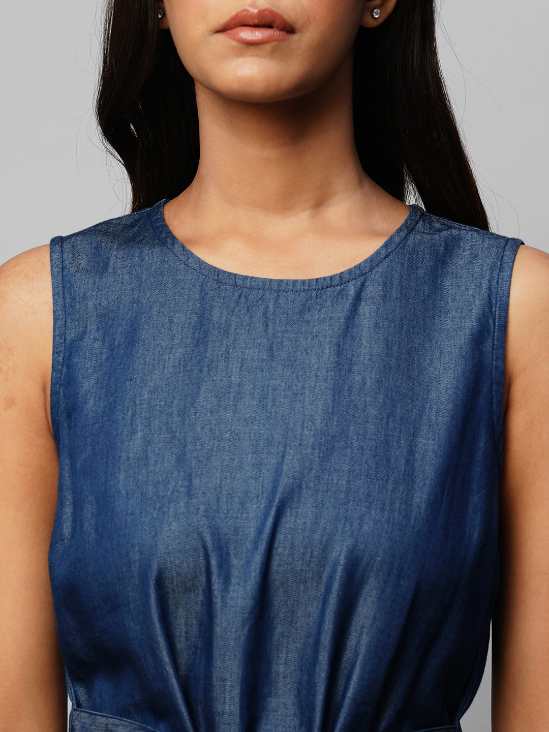 Cotton Tencel Denim Tiered Dress With Front Tie Up