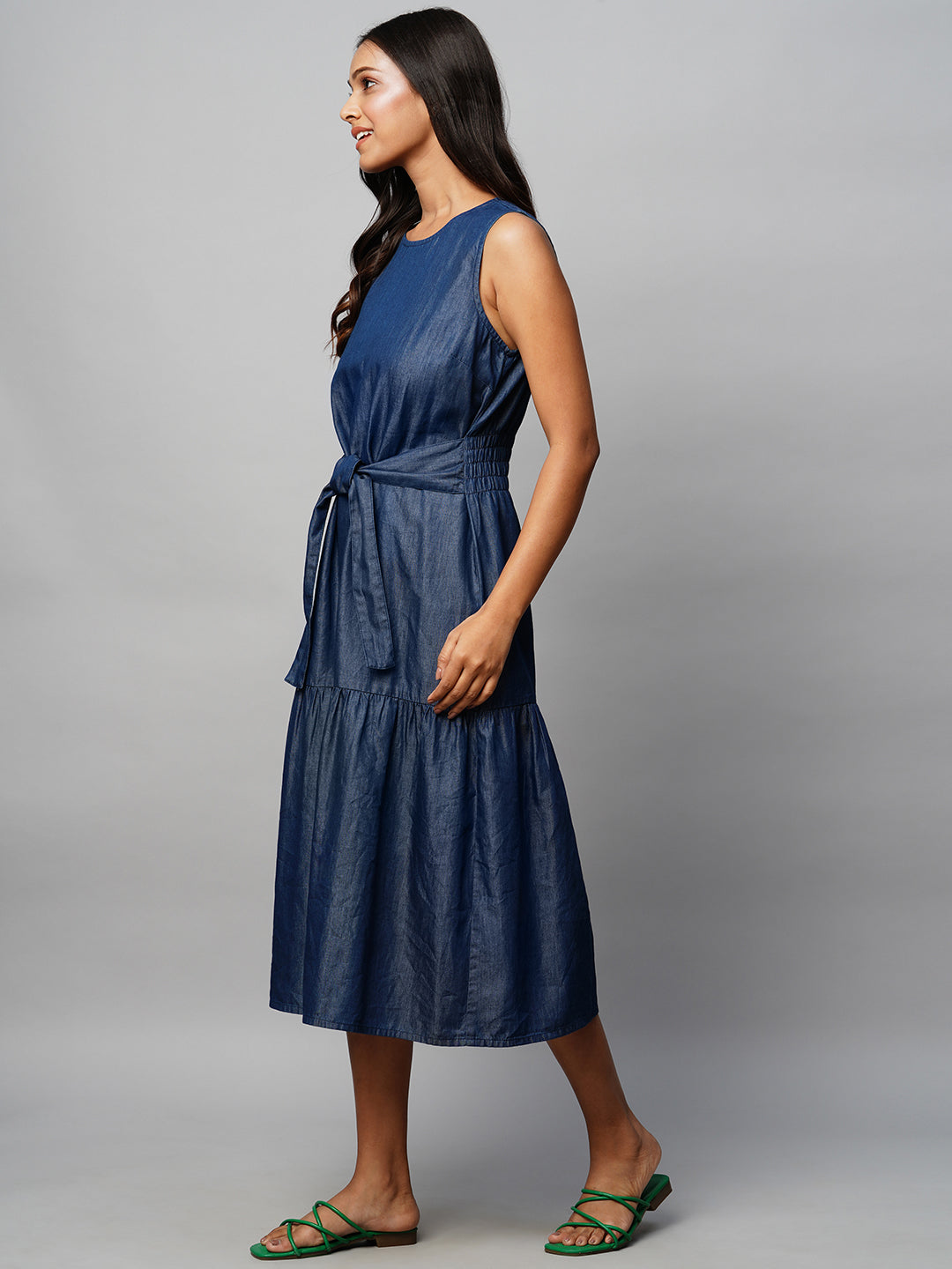 Cotton Tencel Denim Tiered Dress With Front Tie Up