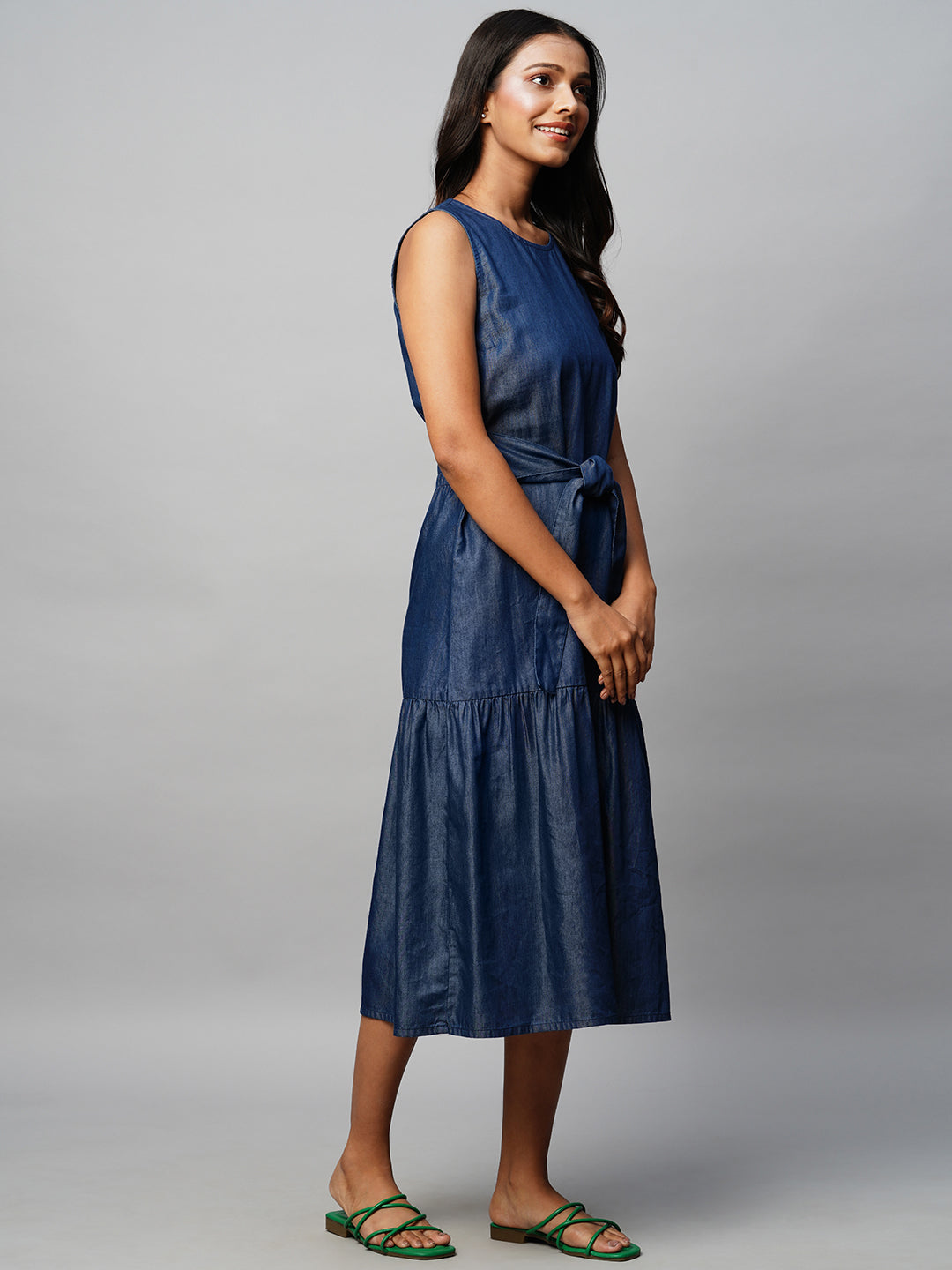 Cotton Tencel Denim Tiered Dress With Front Tie Up