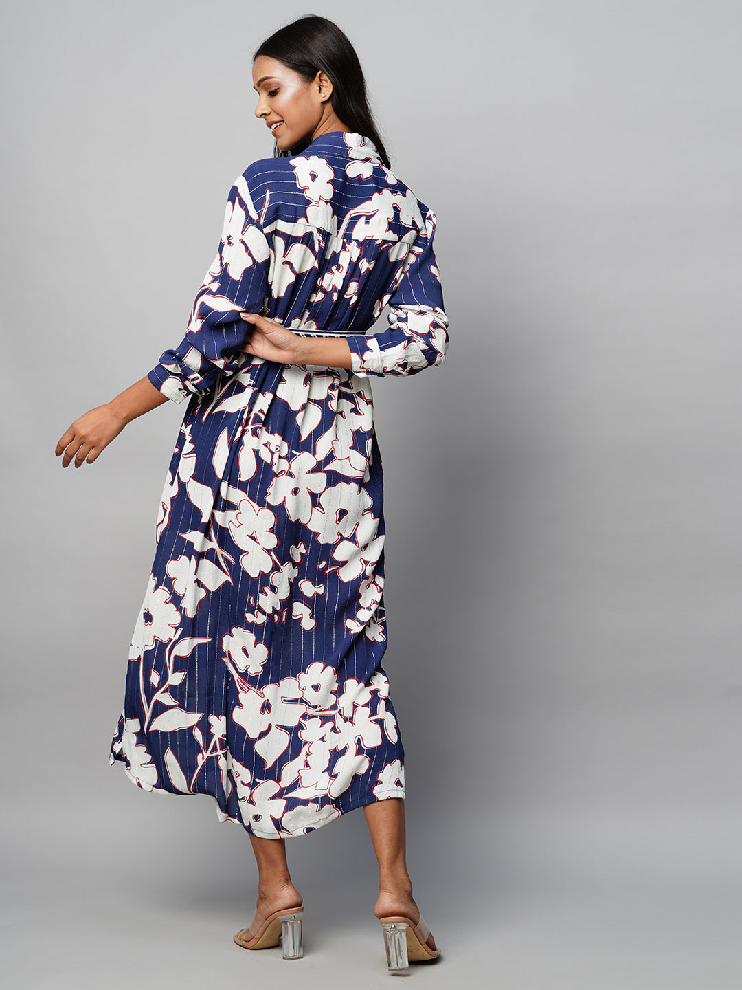 Giant Floral Print On Lurex Viscose Crepe Shirt Dress