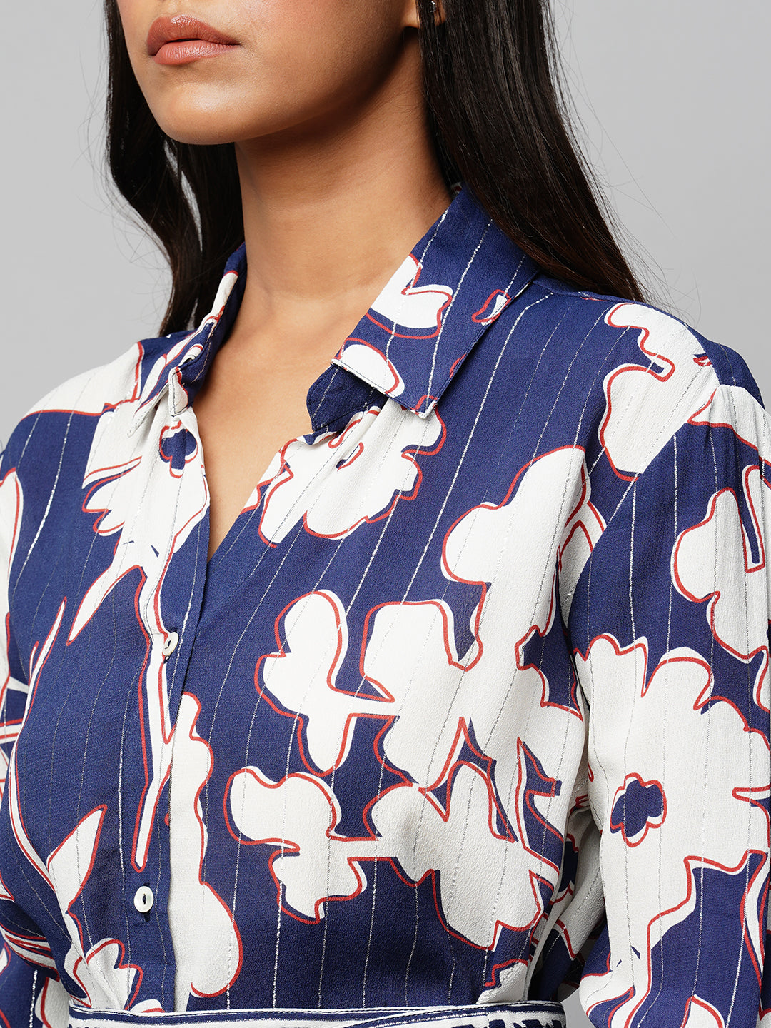 Giant Floral Print On Lurex Viscose Crepe Shirt Dress