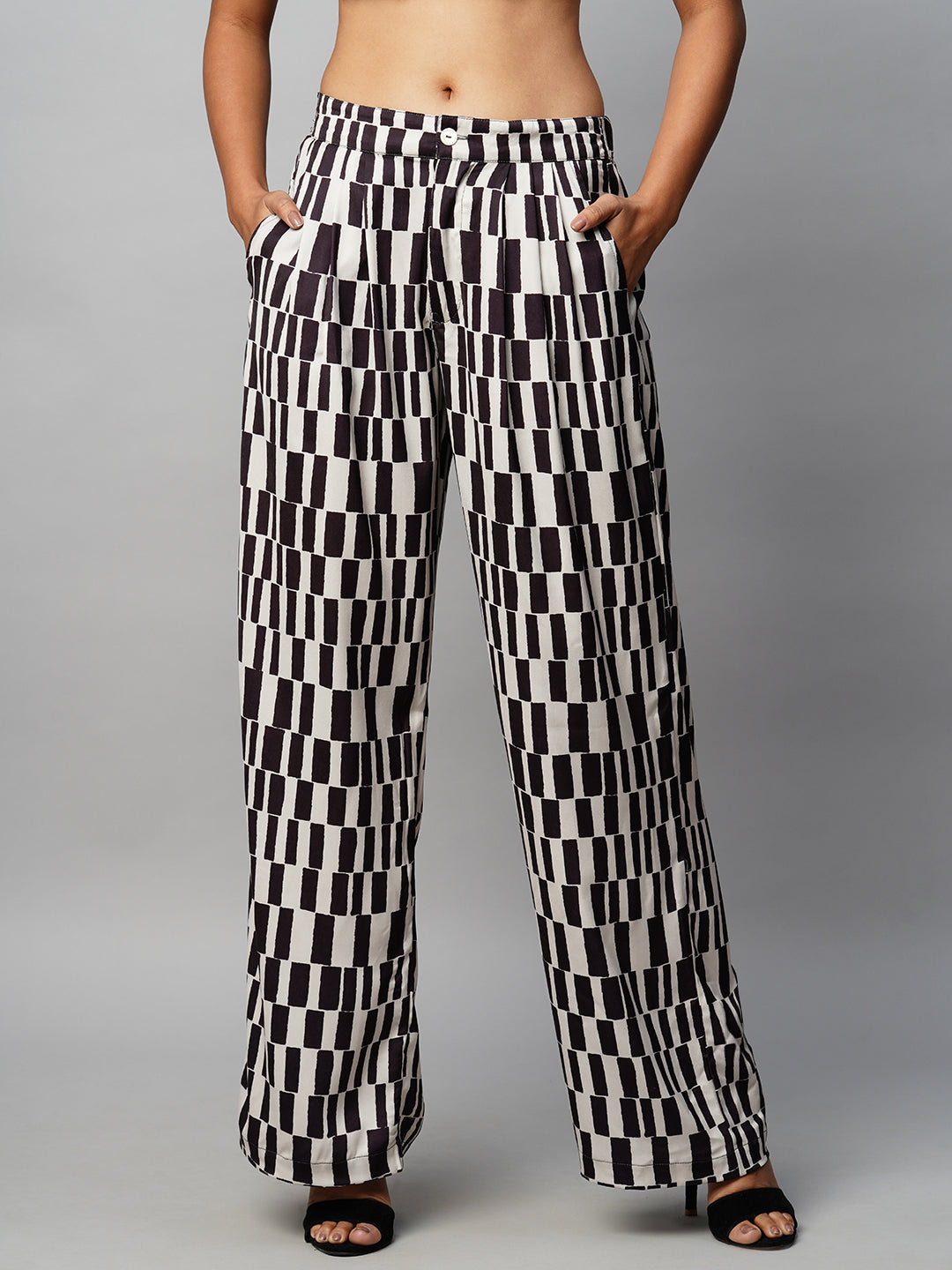 SATIN PRINTED PLEATED STRAIGHT LEG FLUID TROUSERS
