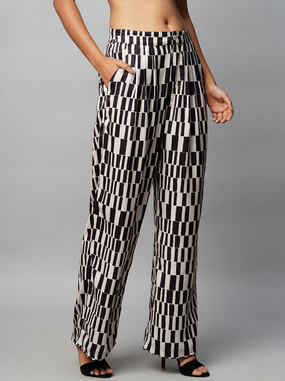 SATIN PRINTED PLEATED STRAIGHT LEG FLUID TROUSERS