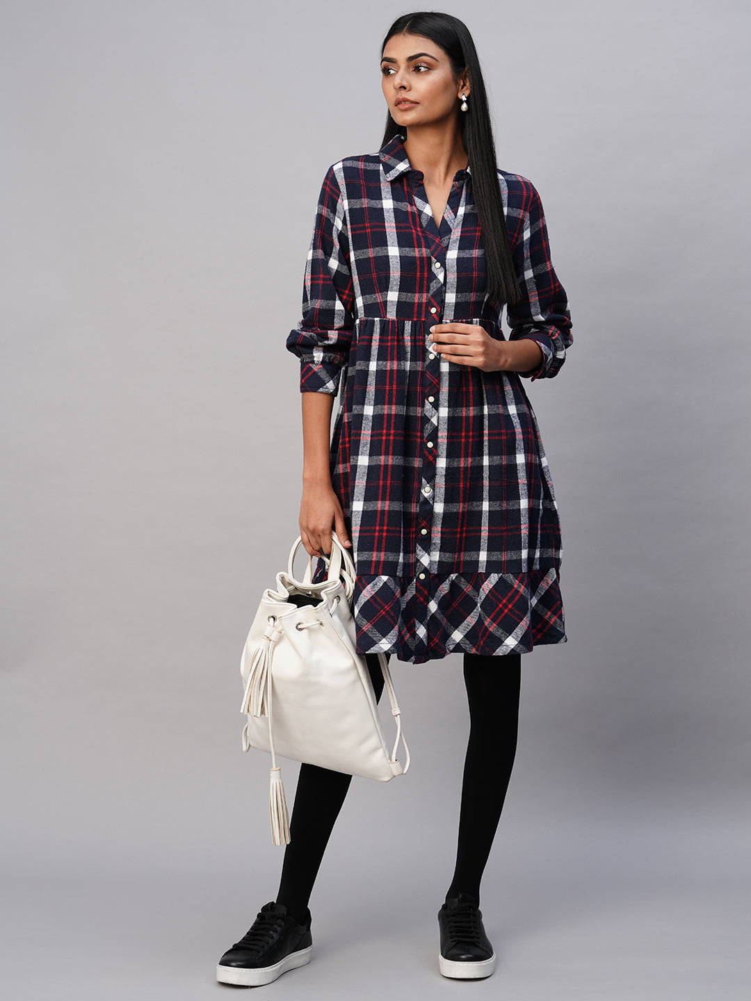 Brushed Flannel Waisted Shirt Dress