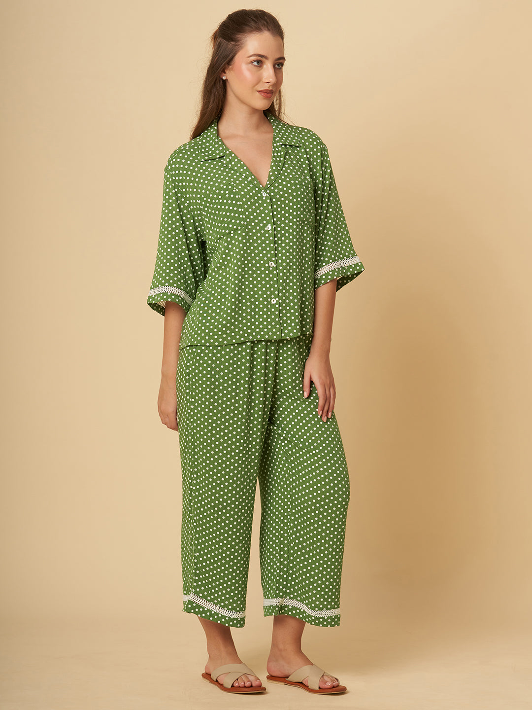 CRINKLE VISCOSE POLKA DOT LOUNGE SET W/ RIC RAC