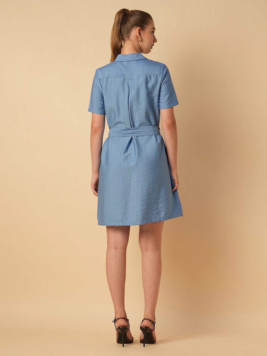 CRUSHED VISCOSE BELTED SHIRT DRESS