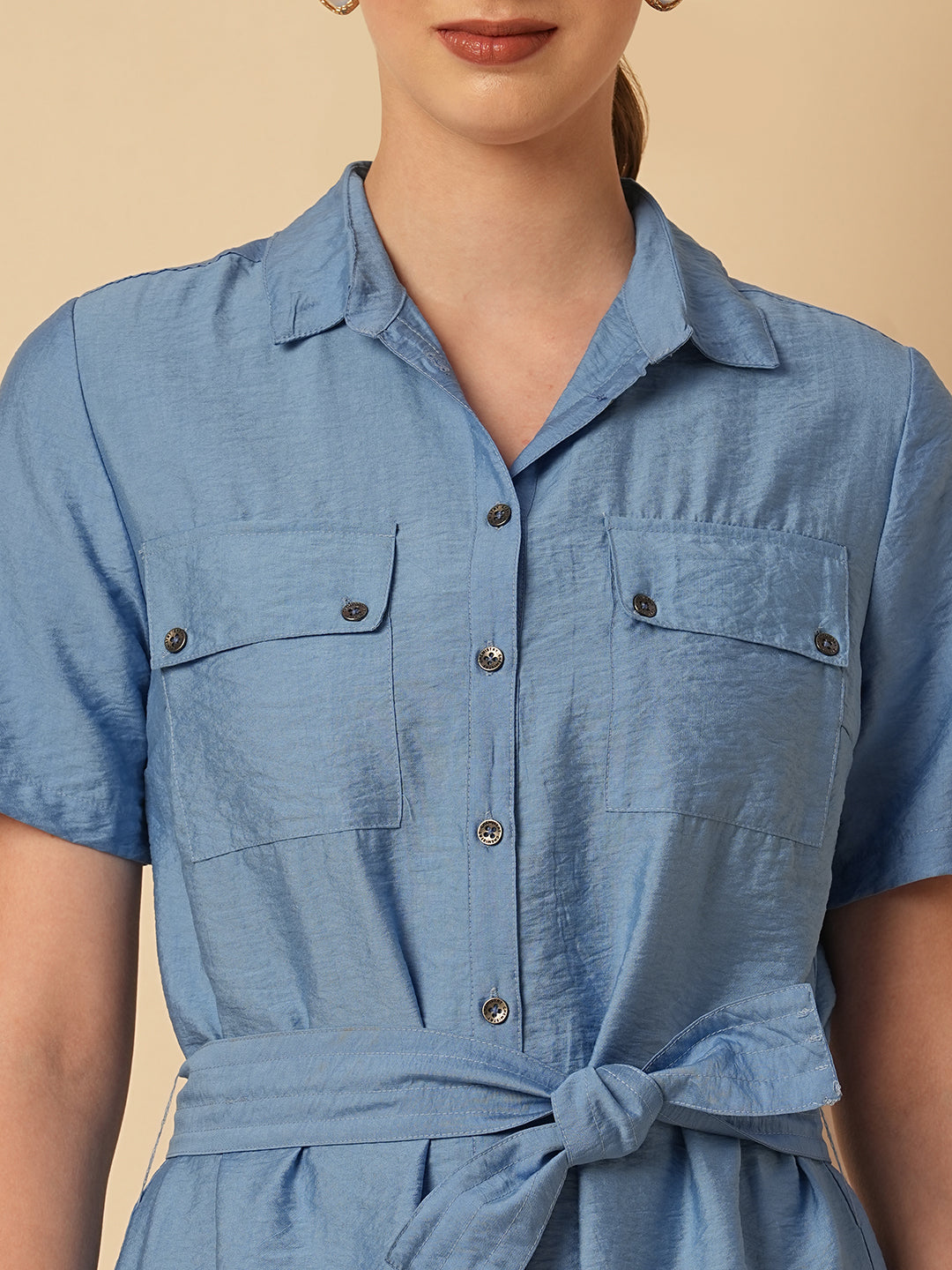 CRUSHED VISCOSE BELTED SHIRT DRESS