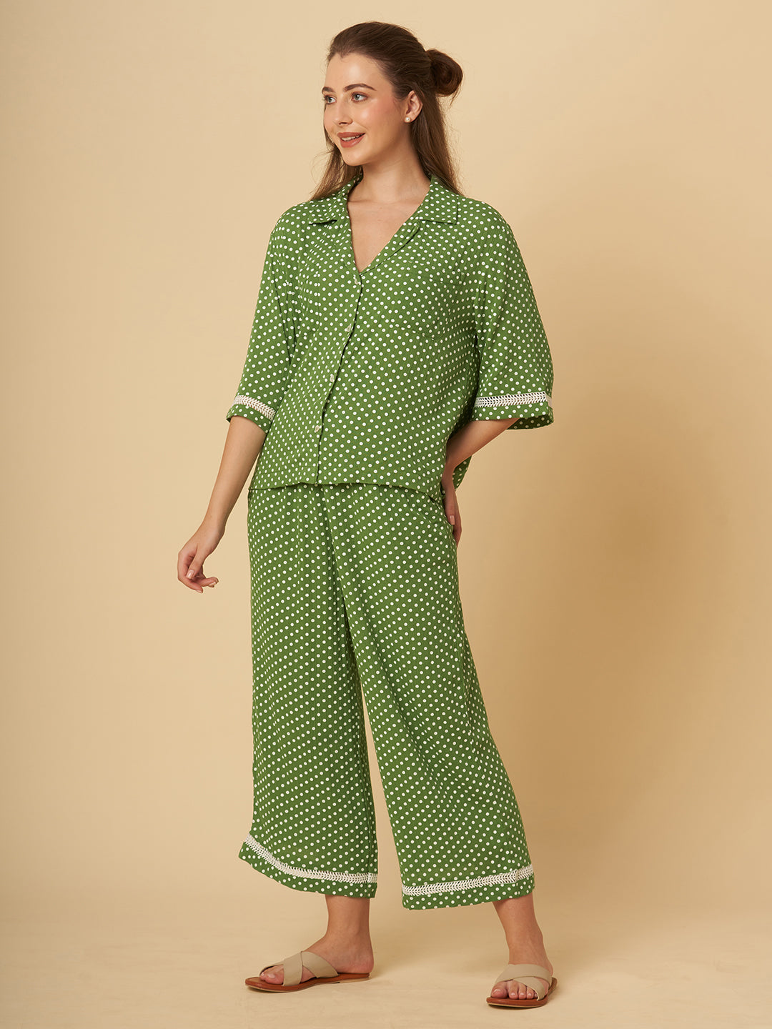 CRINKLE VISCOSE POLKA DOT LOUNGE SET W/ RIC RAC