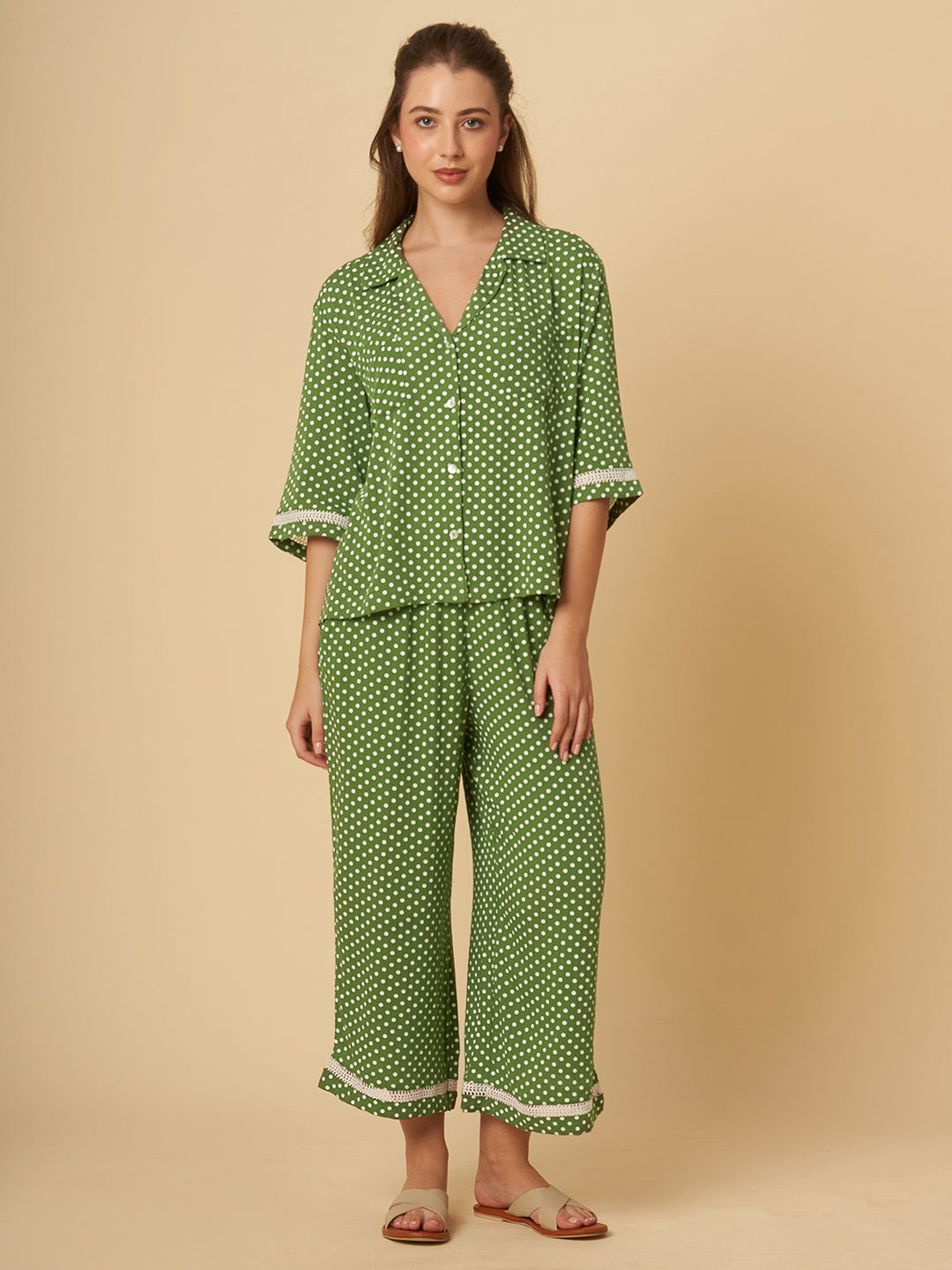 CRINKLE VISCOSE POLKA DOT LOUNGE SET W/ RIC RAC