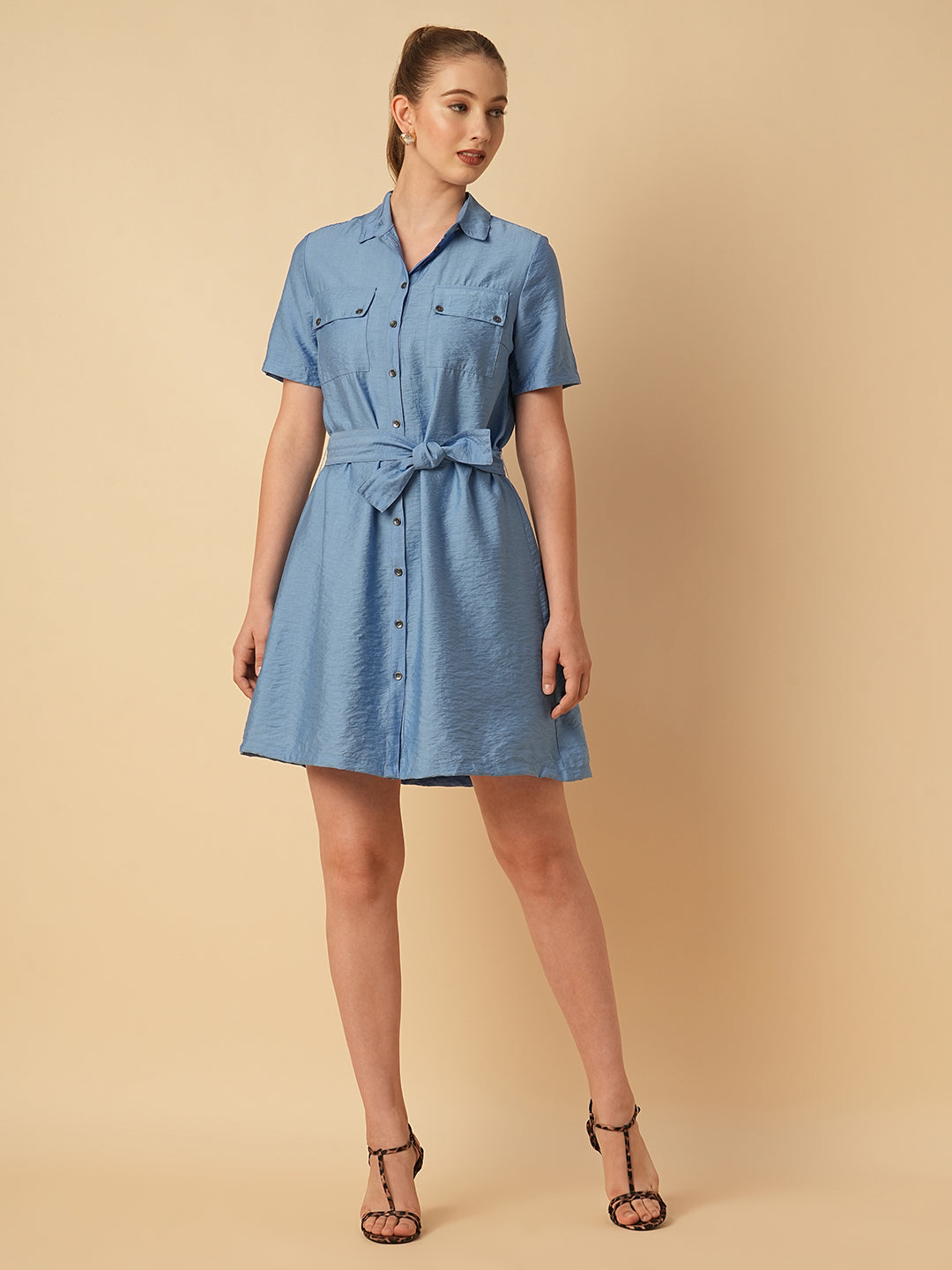 CRUSHED VISCOSE BELTED SHIRT DRESS