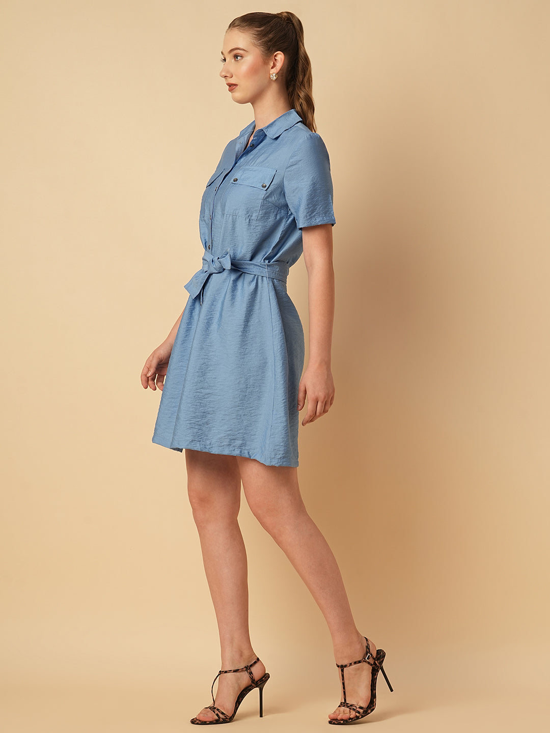 CRUSHED VISCOSE BELTED SHIRT DRESS