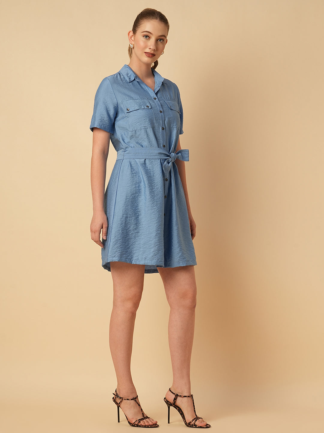 CRUSHED VISCOSE BELTED SHIRT DRESS