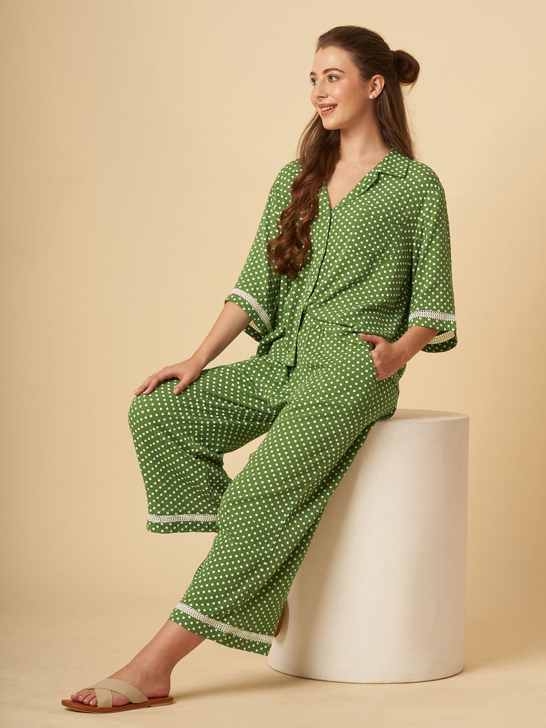 CRINKLE VISCOSE POLKA DOT LOUNGE SET W/ RIC RAC