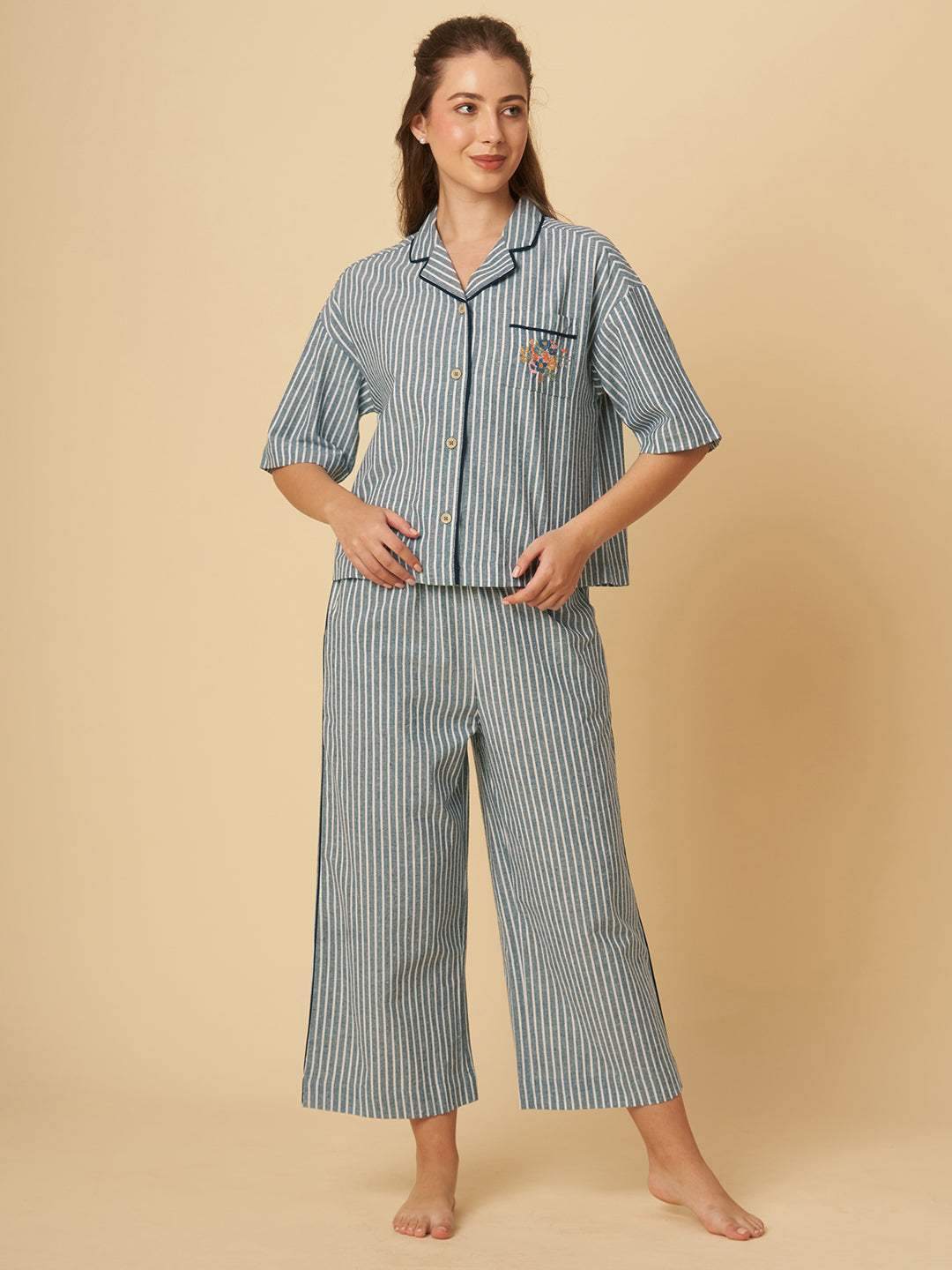 STRIPED NIGHTSUIT W/ EMBROIDERY