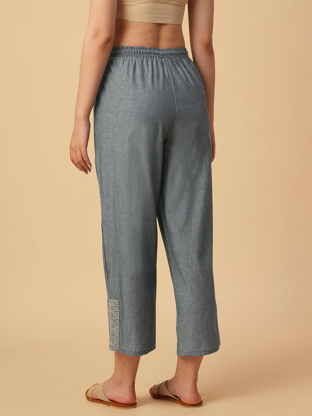 CHAMBRAY EMBROIDERED DRAWSTRING PANTS