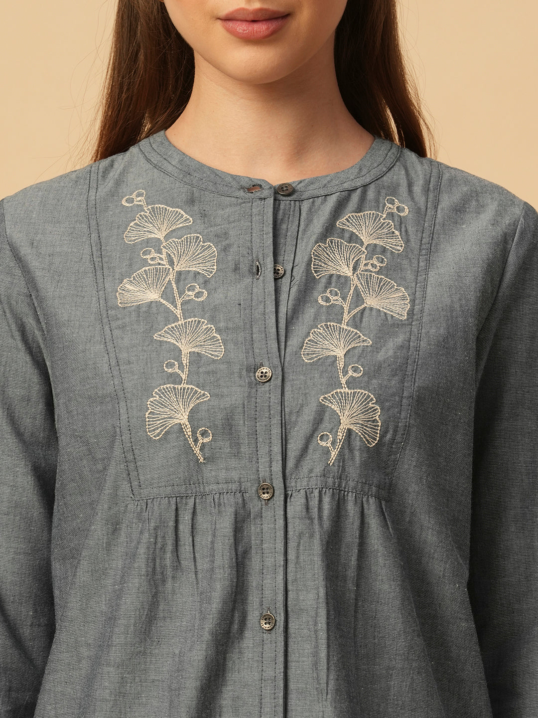 CHAMBRAY LONGLINE EMBROIDERED TUNIC