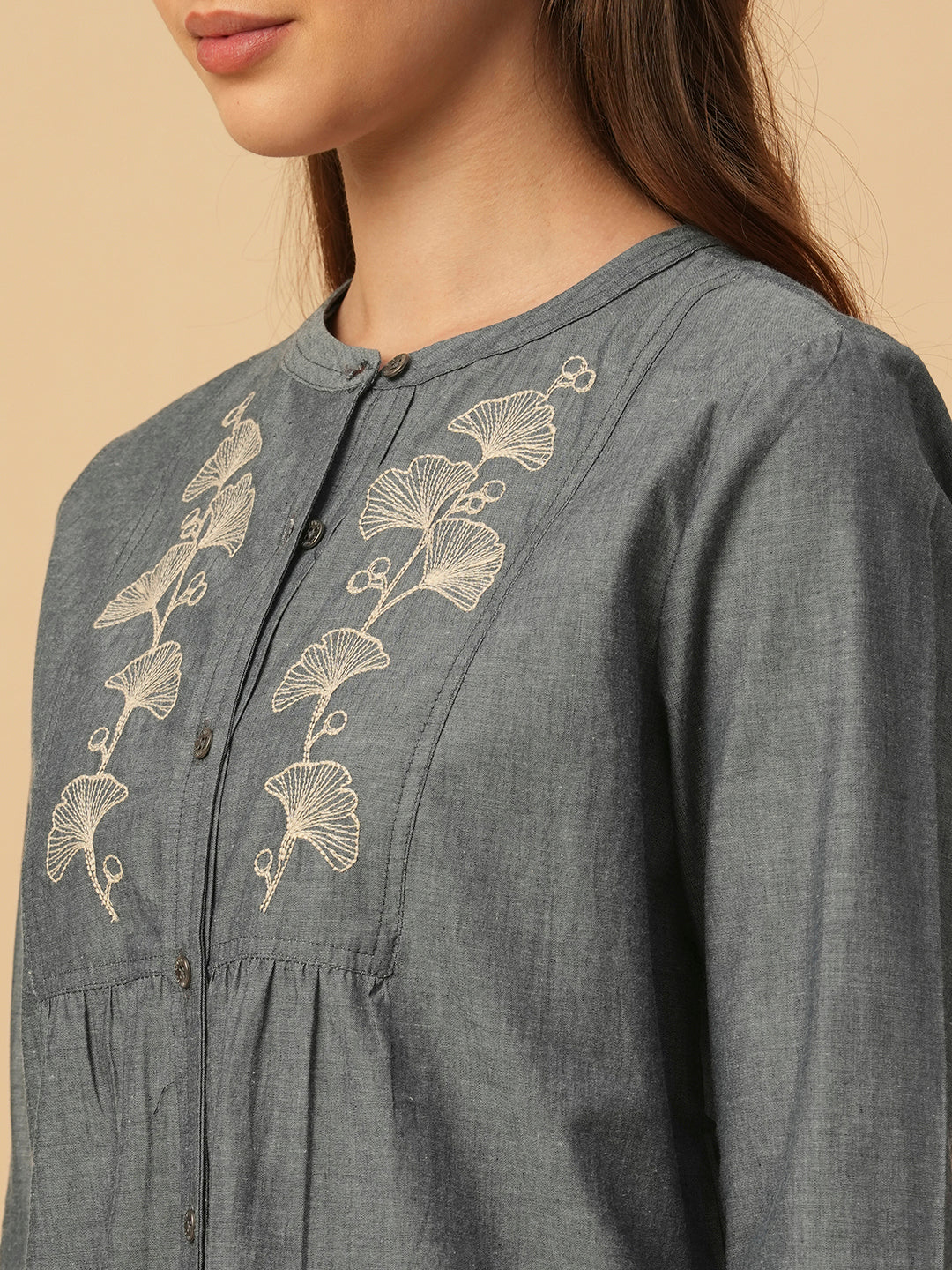 CHAMBRAY LONGLINE EMBROIDERED TUNIC