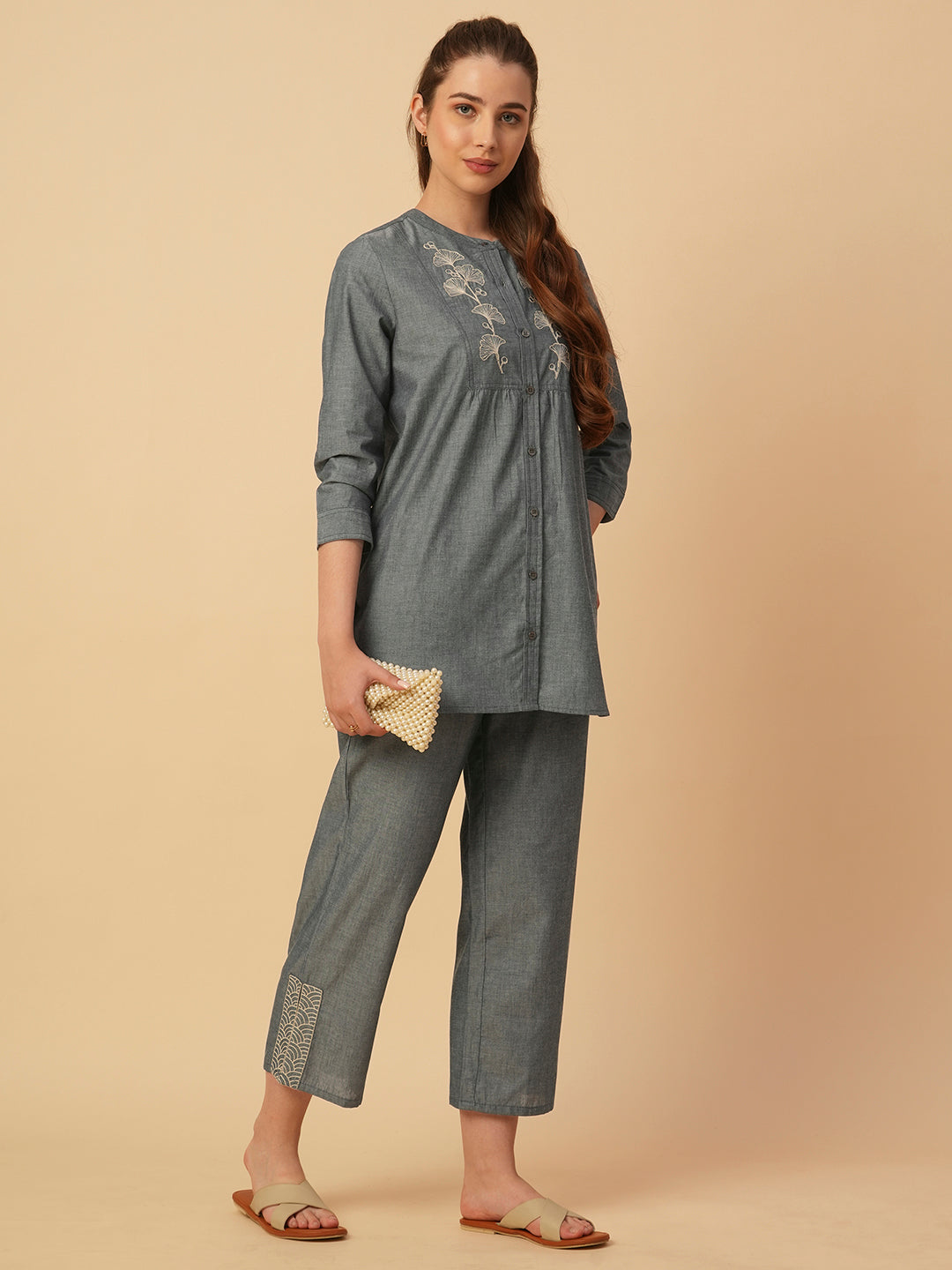CHAMBRAY LONGLINE EMBROIDERED TUNIC