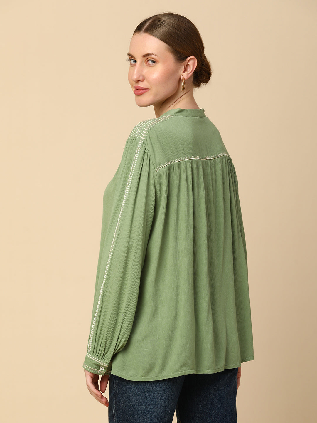 CRINKLE RAYON EMBROIDERED TUNIC TOP