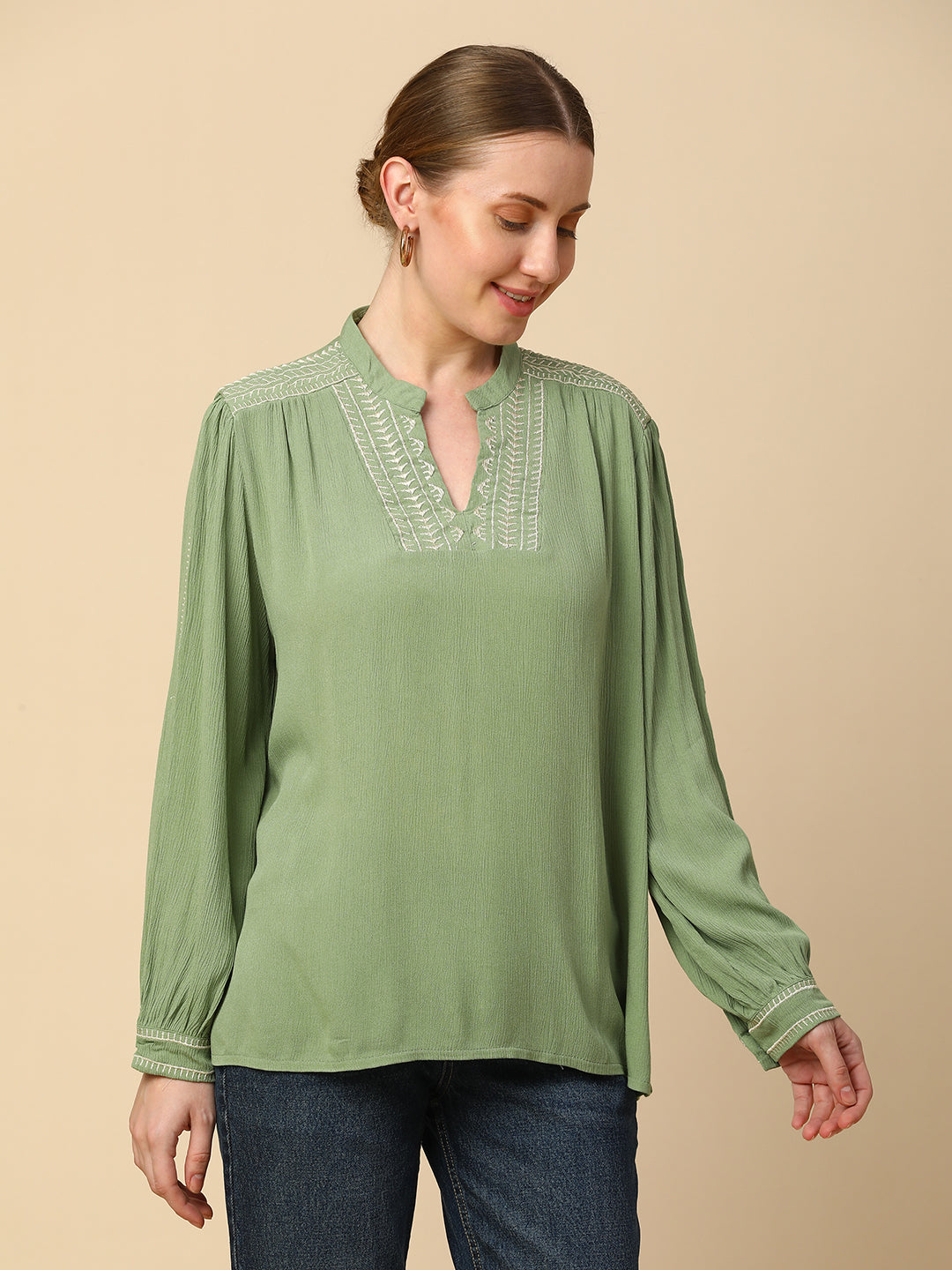 CRINKLE RAYON EMBROIDERED TUNIC TOP