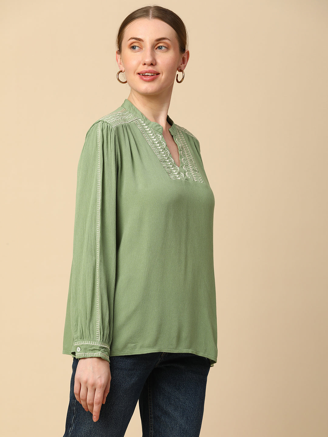 CRINKLE RAYON EMBROIDERED TUNIC TOP