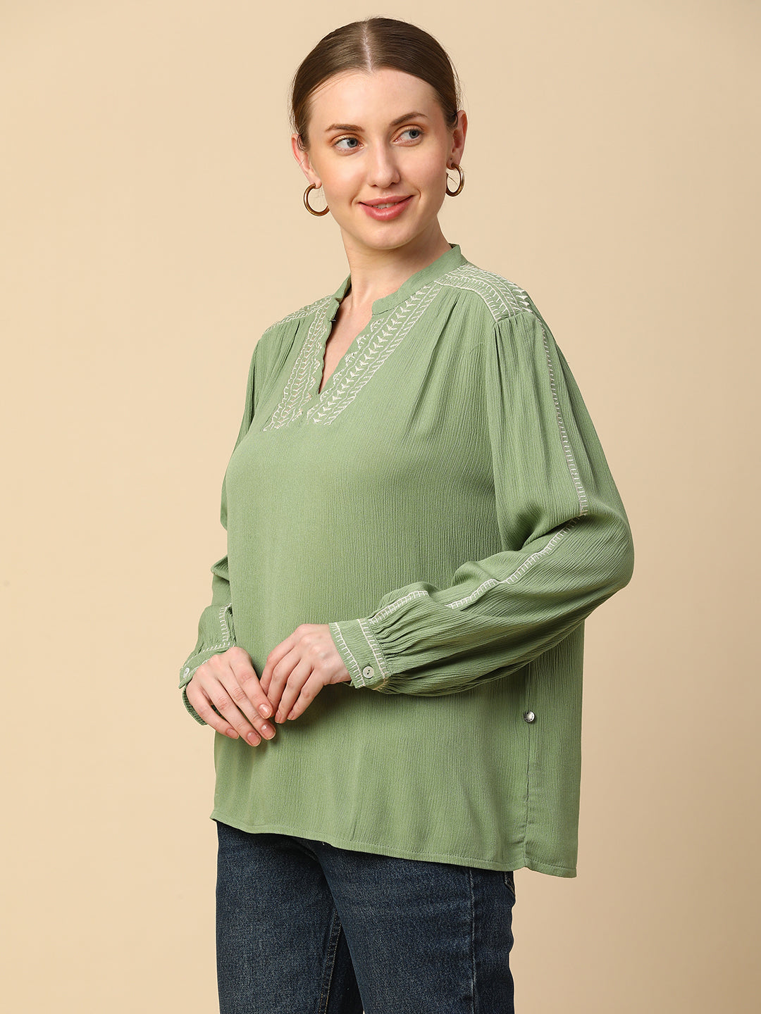 CRINKLE RAYON EMBROIDERED TUNIC TOP