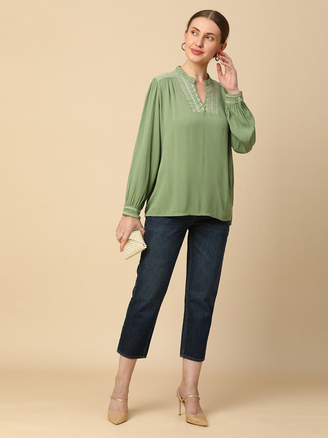 CRINKLE RAYON EMBROIDERED TUNIC TOP