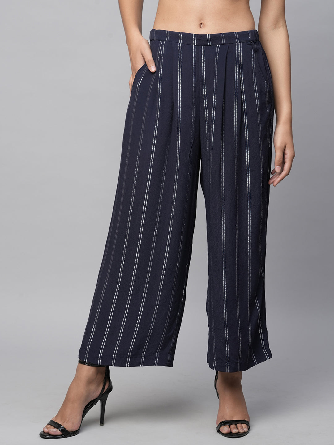 Lurex Viscose Crepe Pleated Wide Leg Fluid Trousers