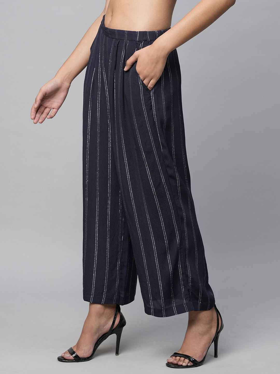 Lurex Viscose Crepe Pleated Wide Leg Fluid Trousers