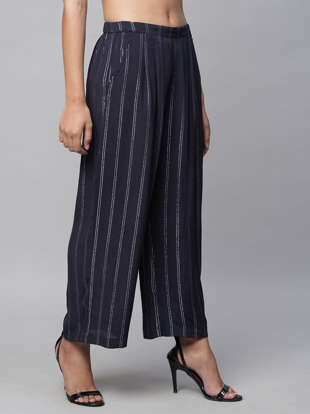 Lurex Viscose Crepe Pleated Wide Leg Fluid Trousers