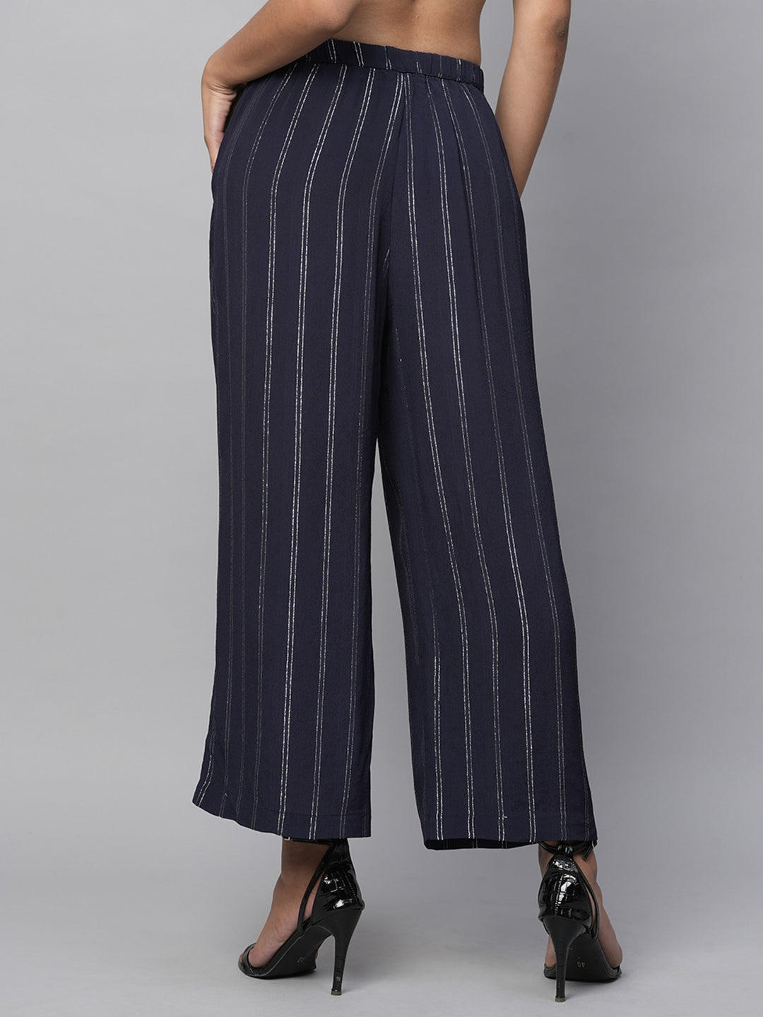 Lurex Viscose Crepe Pleated Wide Leg Fluid Trousers