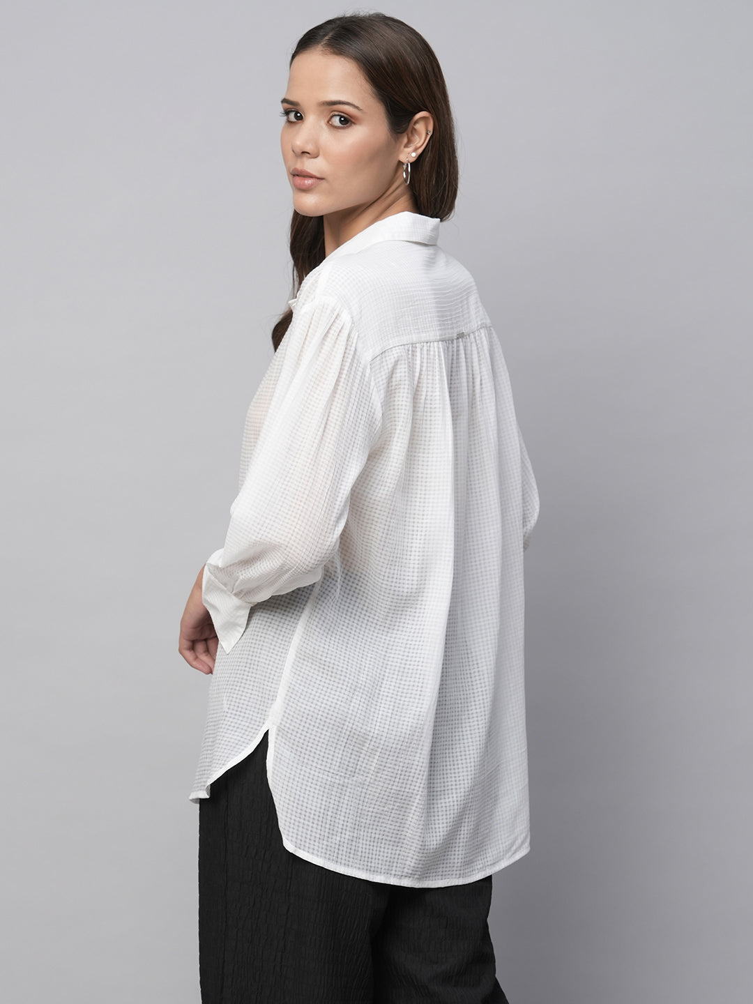 Modal Check Dobby Drop Shoulder Longline Romantic Shirt